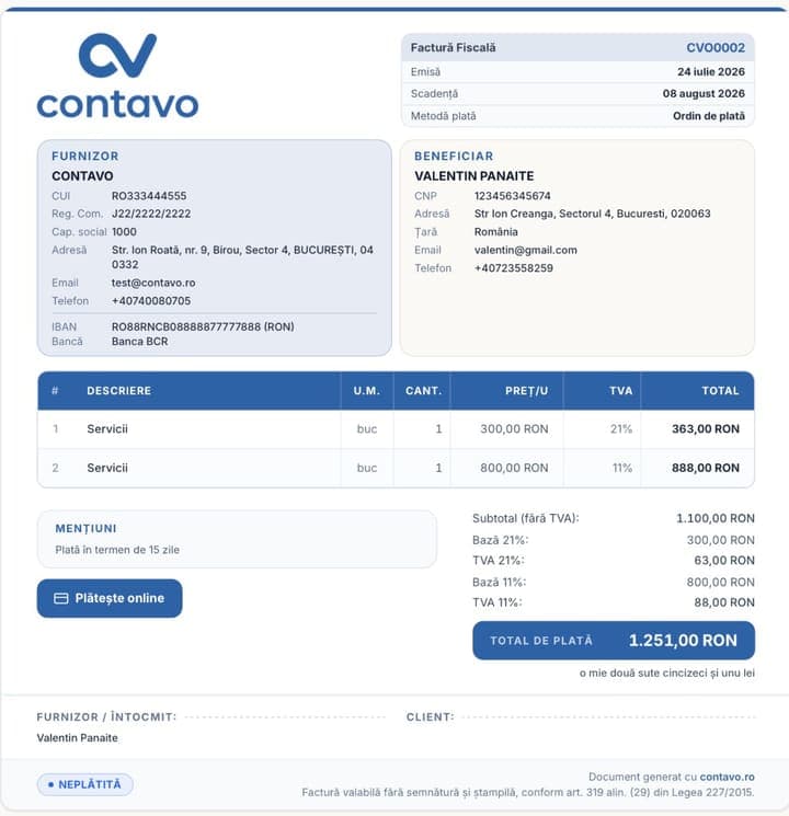 Model de factură emisă cu Contavo — design curat, buton de plată online și toate elementele obligatorii